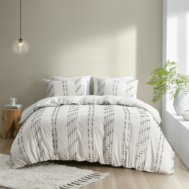 Cotton King/ King Duvet - Grey Stripes Decorated Bedding , With Star Pattern