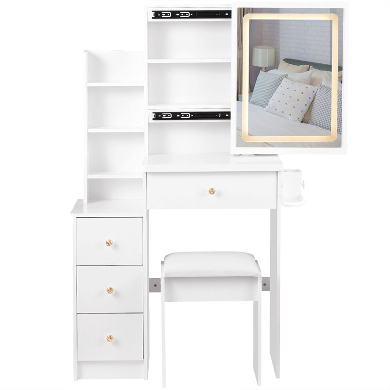 29.2" Small Size Left Bedside Cabinet Vanity Table + Cushioned Stool, 2 Ac+2 Usb Power Station, Hair Dryer Bracket, Extra Large Touch Control Sliding Led Mirror, Tri-Color Switching, Brightness Adjust