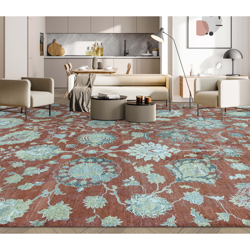 Wool Floral Area Rug in Rust/Blue