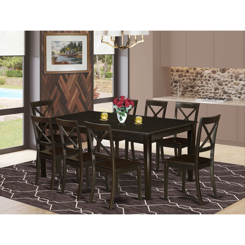 Ensemble de table de salle à manger 9 pièces comprenant une table de salle à manger rectangulaire avec piédestal et 8 chaises en bois, cappuccino de 42 po x 72 po