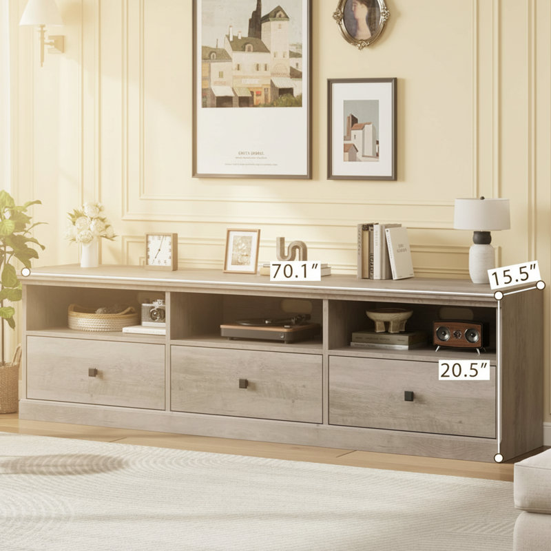 TV Console, With Open Shelves And Storage Drawer, Grey