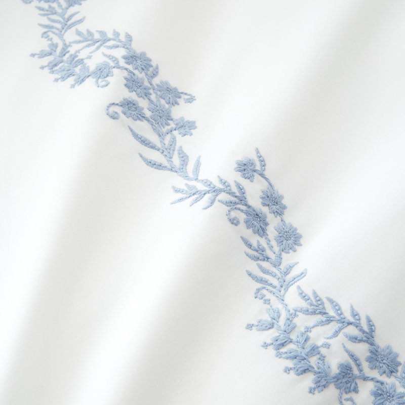 Camille Embroidered Floral 200 Thread Count Cotton Duvet Cover Set, Single, White / Blue