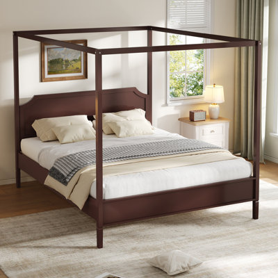 Structure de lit à baldaquin grand lit en bois avec tête de lit et pieds de support, mobilier de chambre à coucher, noyer