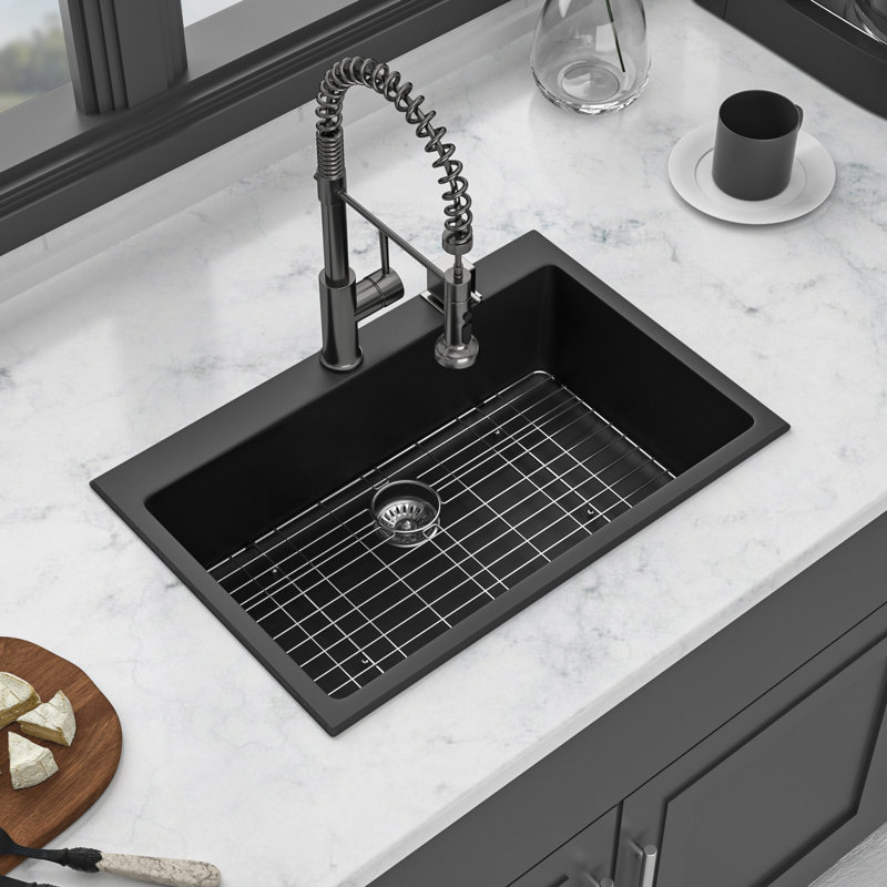 33X22" Black Quartz Composite Sink, Strong And Cleanable Sink 33X22", Granite Look, Silent