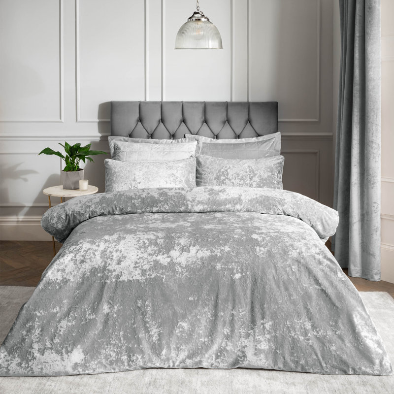 Crushed Velvet Duvet Cover Set with Pillowcases, Silver, Double Duvet Cover + 2 Standard Pillowcases