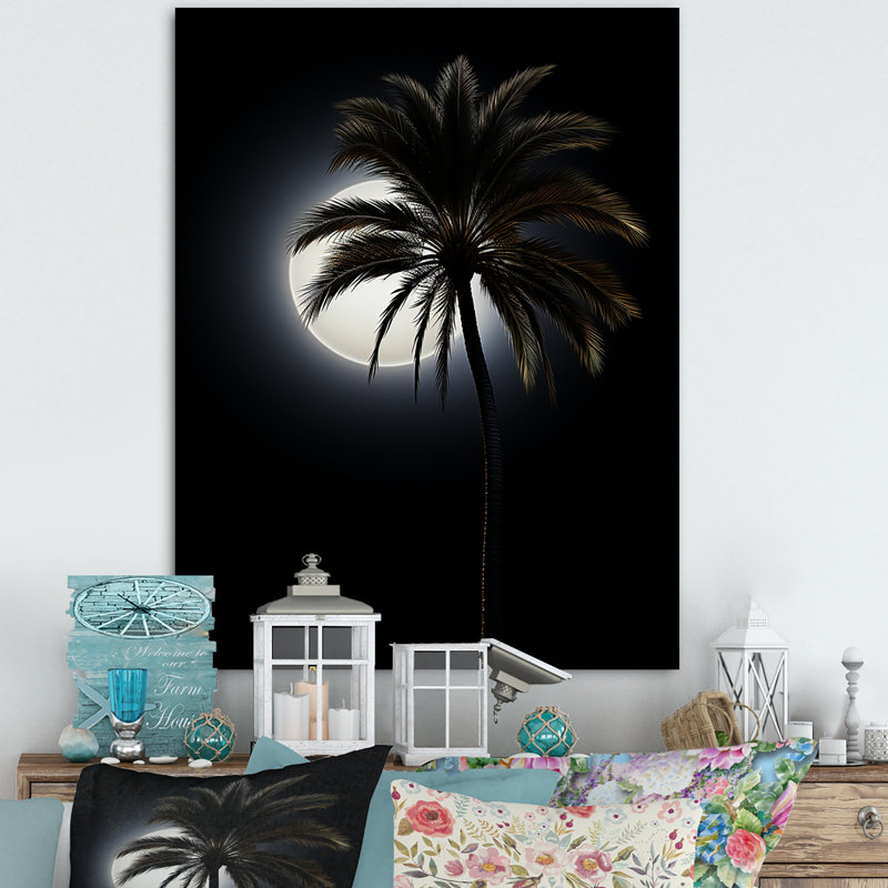 Moonlit Palm Tree Black and Beige Canvas Art