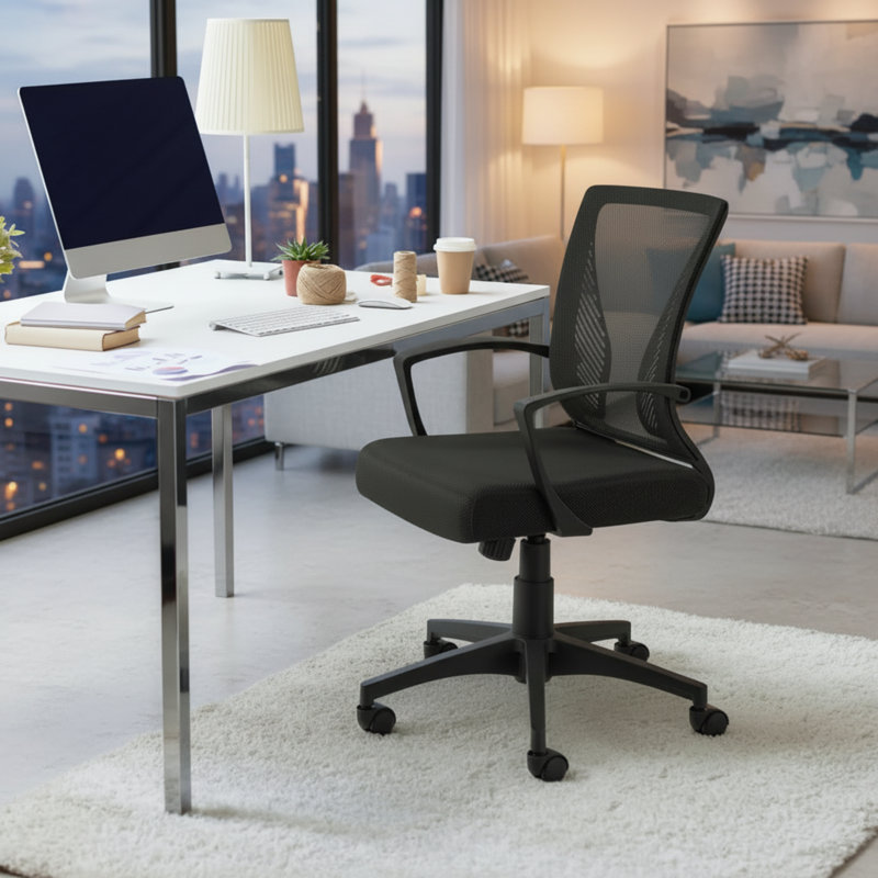 Chaise ergonomique noire en filet avec dossier pivotant, soutien lombaire, hauteur réglable et accoudoirs.