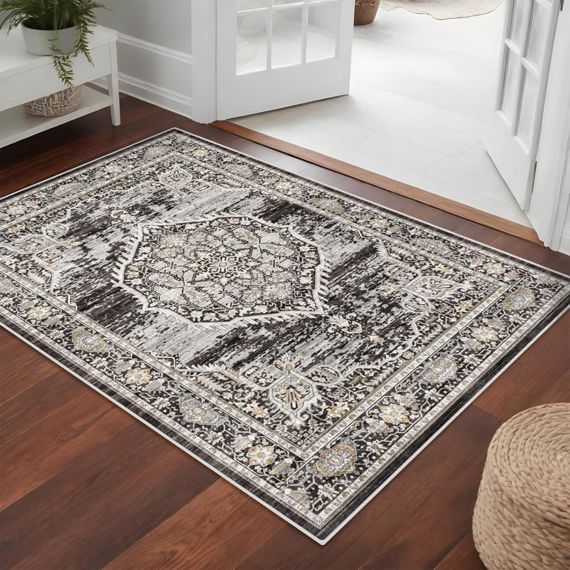 Washable Entryway Rug: Farmhouse Kitchen Hallway Rug Wide Soft Water Resistant Floor Mat for Bathroom Nursery Non Slip Indoor Carpet for Living Room Bedroom Dining Room(Black)