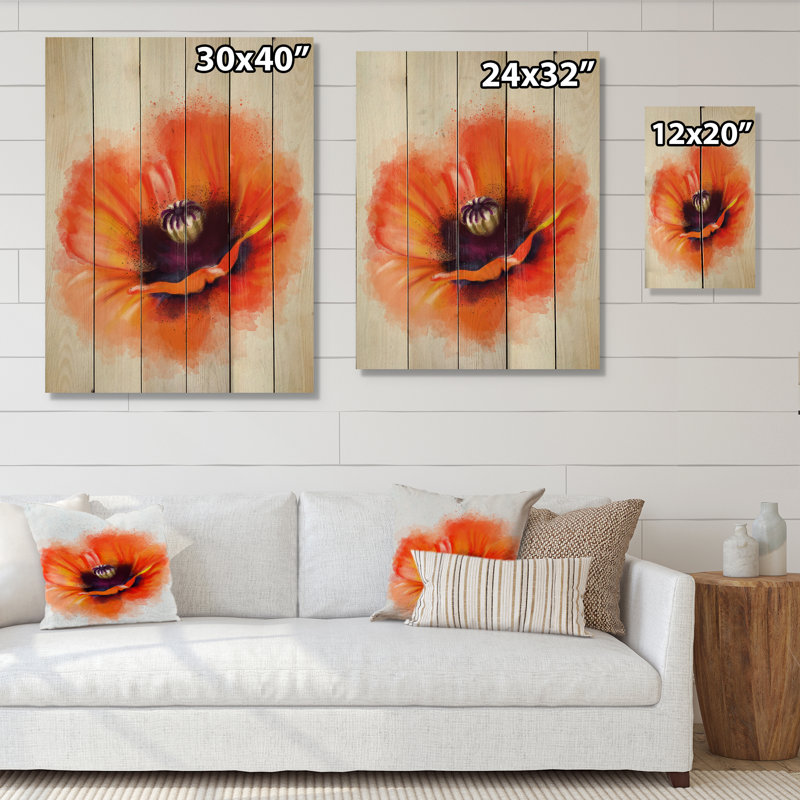 Jolie fleur d'aquarelle orange - peinture sur bois sans cadre, H 20 po x l 12 po x P 1 po