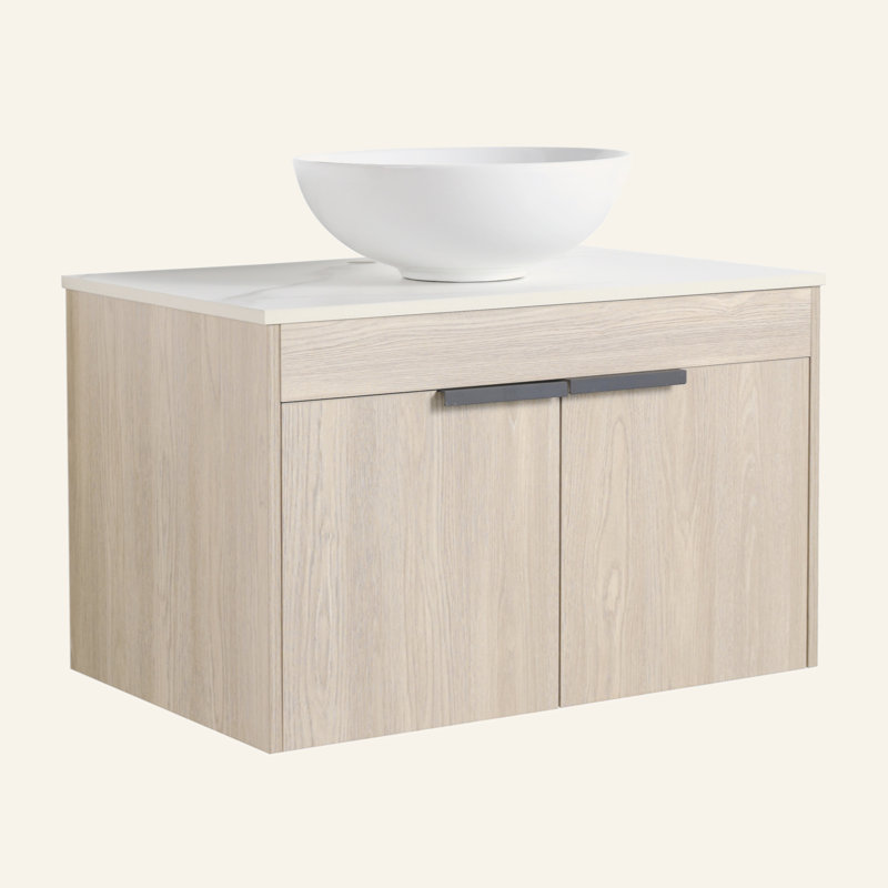 Meuble-lavabo moderne 42 po avec lavabo d'art en céramique, dalle de pierre blanche et petites tablettes de rangement, porte à fermeture douce