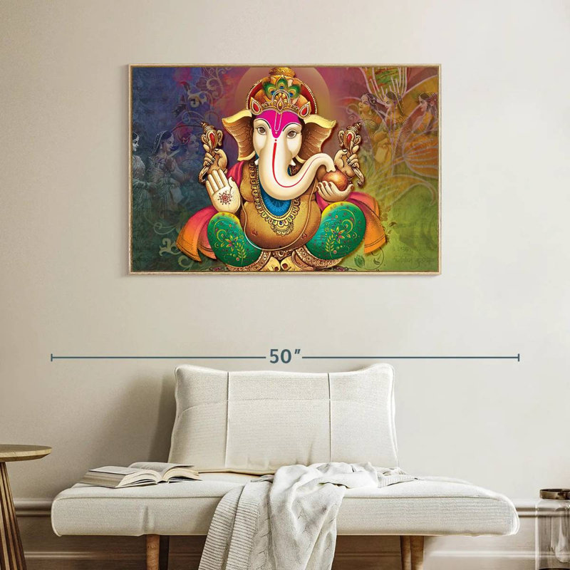 Divinité indienne Ganesh, Cadre flottant en bois naturel, 40 po x 27 po