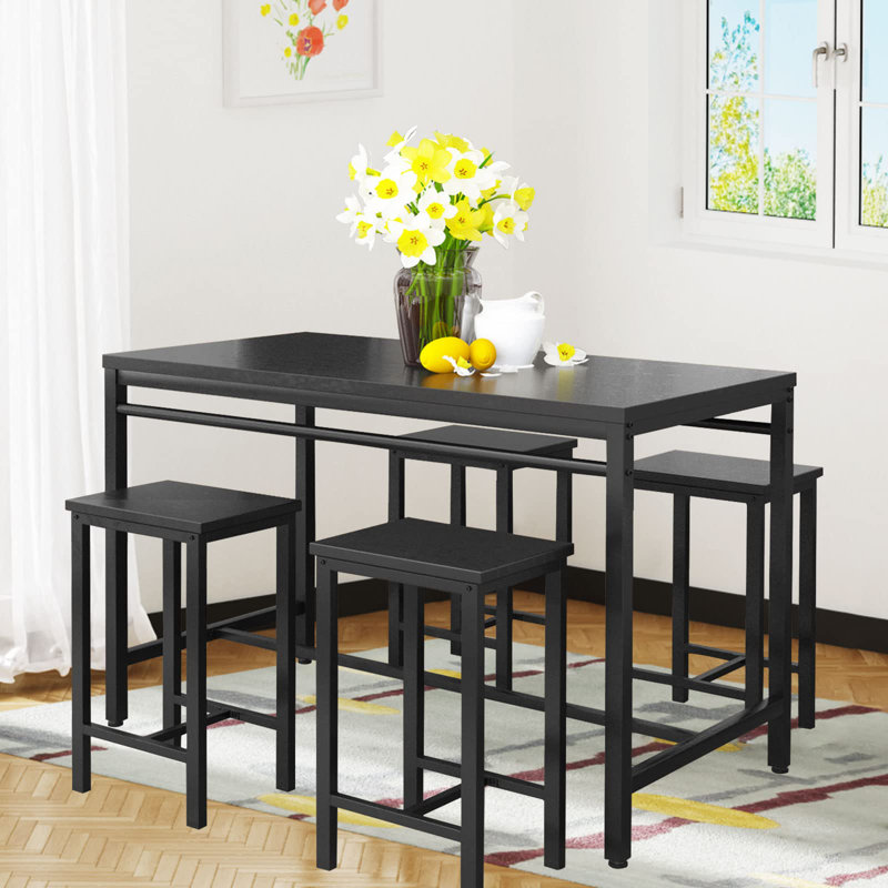 Modern 5-Piece Counter-Height Dining Set | Space-Saving Iron & Wood-Grain Bar Table with 4 Stools for Small Spaces, Black