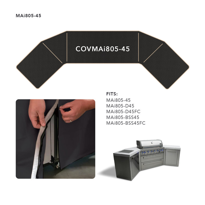 Mont Alpi Premium Water Resistant All Weather Black Cover for 110"W x 23"D x 46"H Original Deluxe & Black 805 Series 45 Corner Standard or Fridge Cabinet Outdoor Kitchen Islands - MAi805-45 / MAi4805-D45 / MAi805-D45FC / MAi805-BSS45 / MAi805-BSS45FC