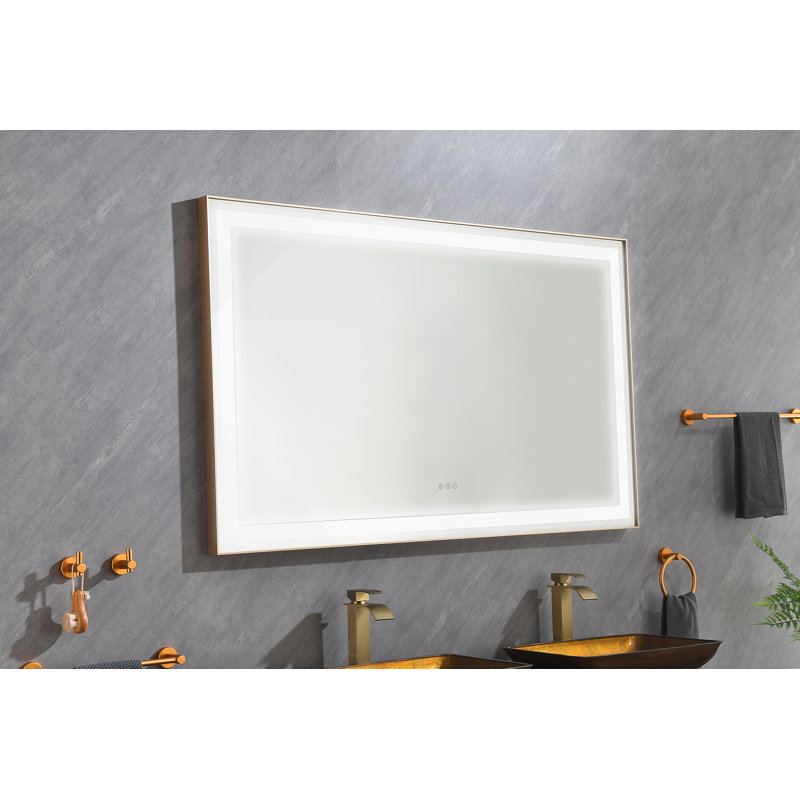 Miroir de salle de bain 60 po x 36 po à DEL avec cadre en aluminium, miroir de meuble-lavabo mural, anti-buée, mémoire, 3 couleurs, réglable en continu
