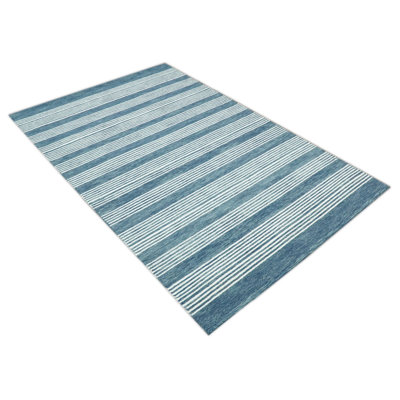 Tapis blanc et bleu en laine fabriqué à la main à rayures modernes