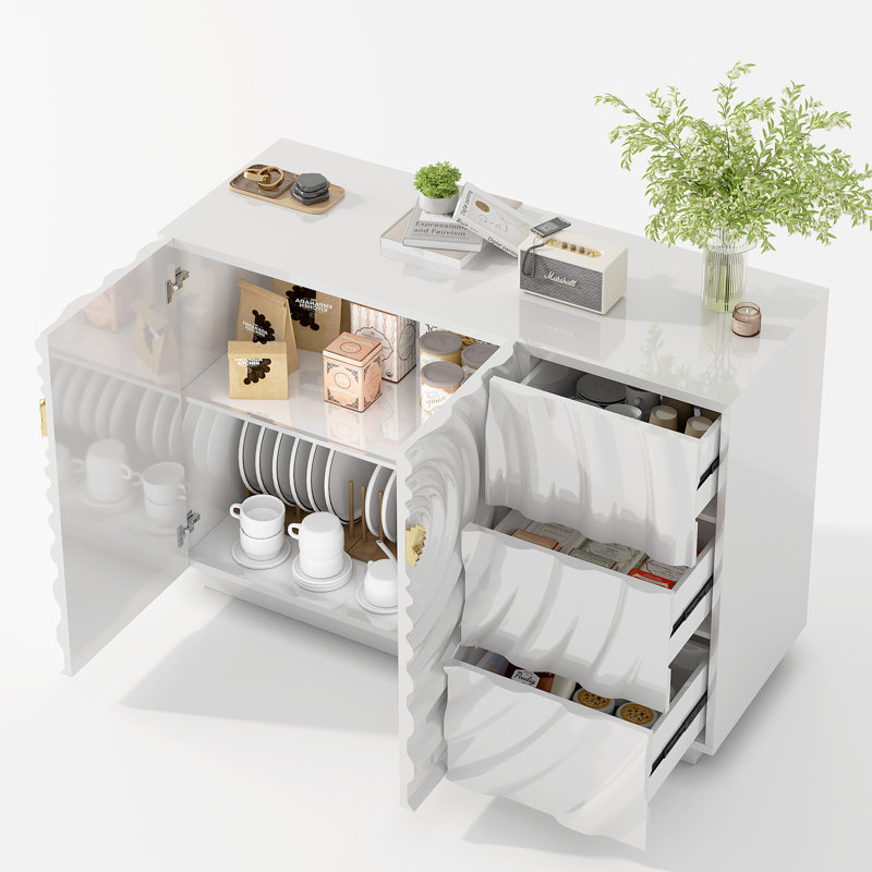 Buffet 47,2 "de large avec 2 portes et 3 tiroirs, tablettes réglables, Blanc