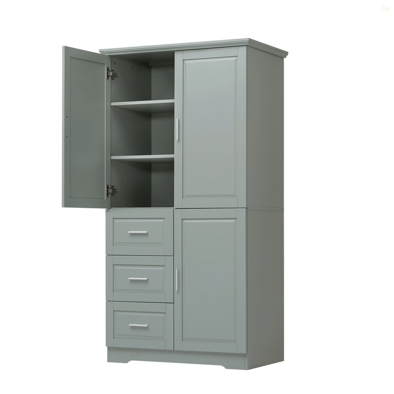 Tall And Wide Storage Cabinet With Doors For Bathroom/Office, Three Drawers, Grey, Gray