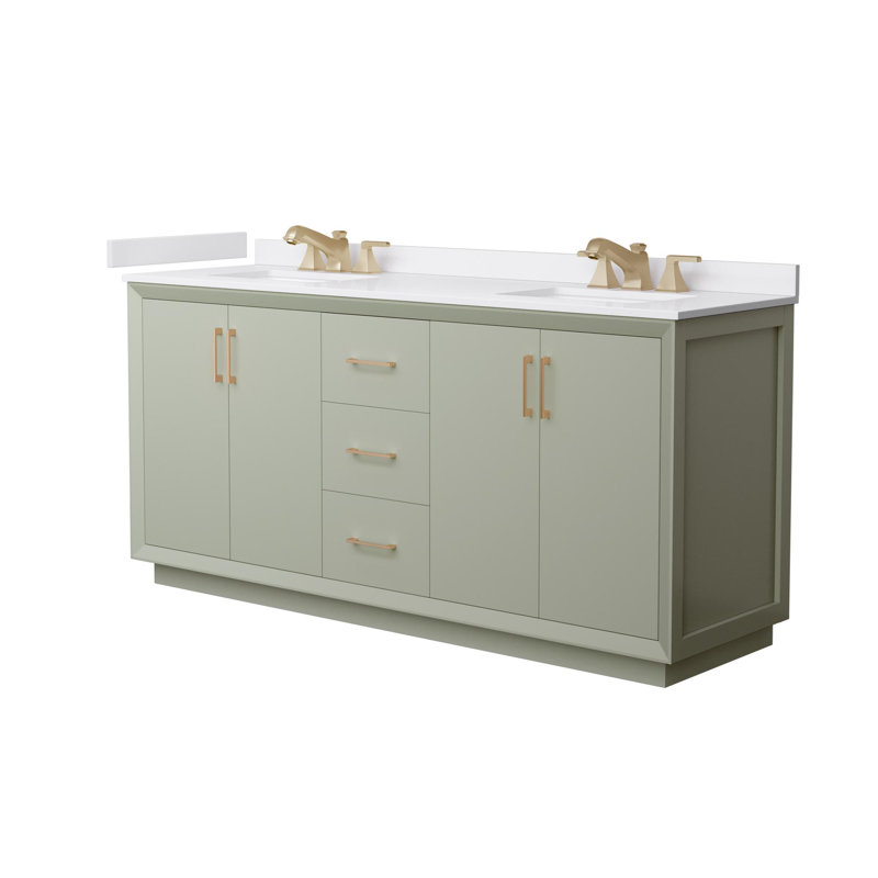 Strada 60" Freestanding Double Bathroom Vanity with Cultured Marble Top, Green / Satin Bronze, 72" W, White Cultured Marble