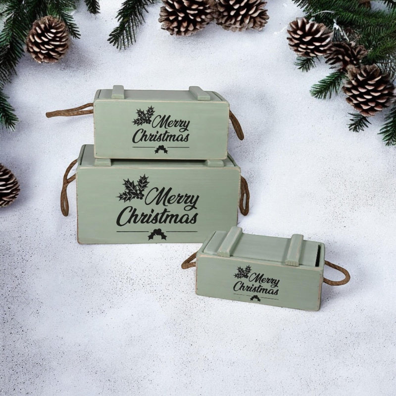 Annalin 3 Piece Handmade Wooden Decorative Box Set, Green