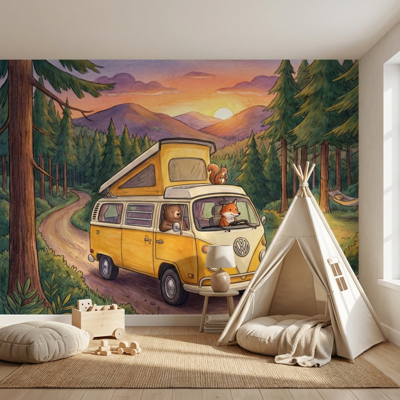 Papier peint mural paysage forestier coucher de soleil montagnes camping, 200"x120", Peel and Stick