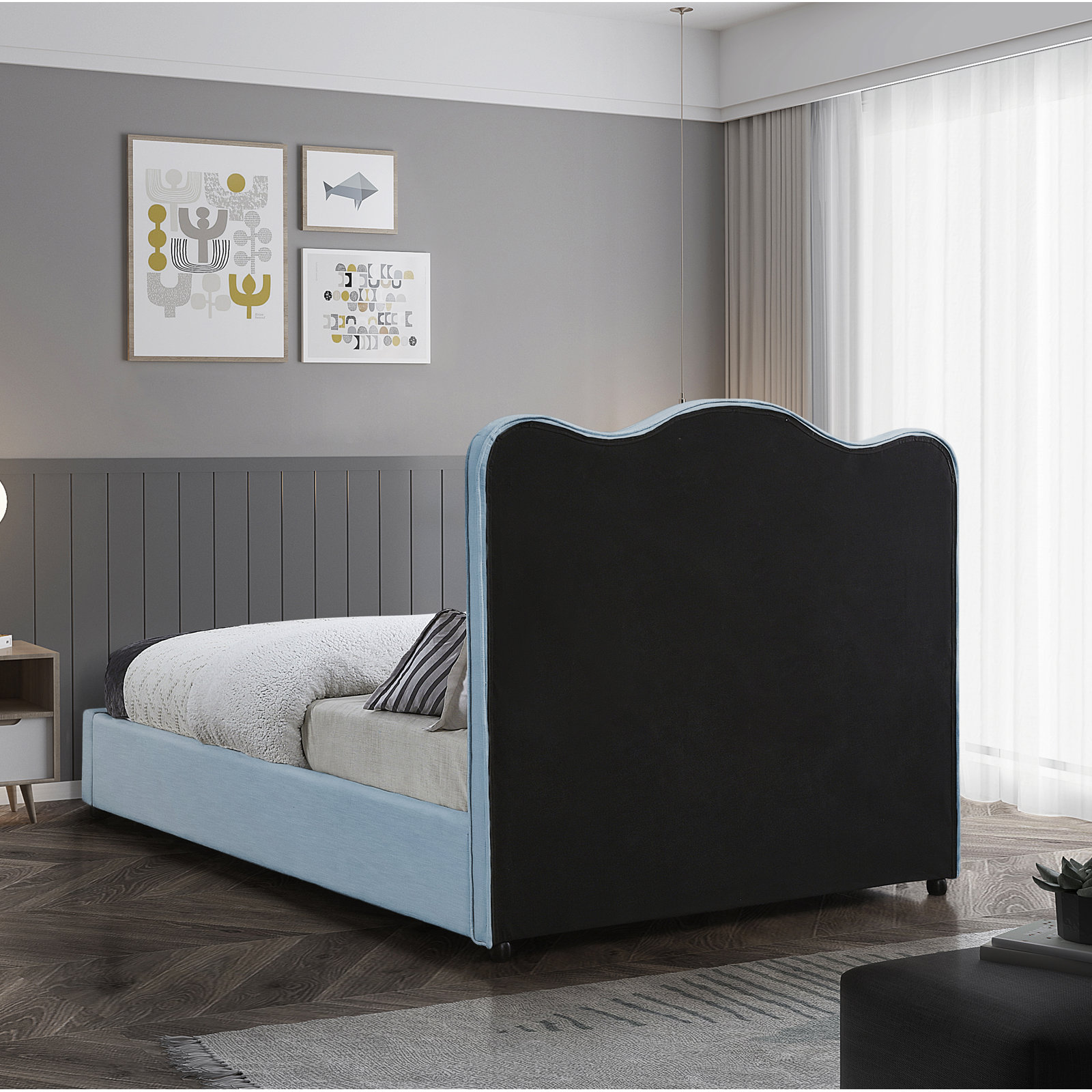 Upholstered Scalloped Bed, Full/Double, Light Blue Performance Linen