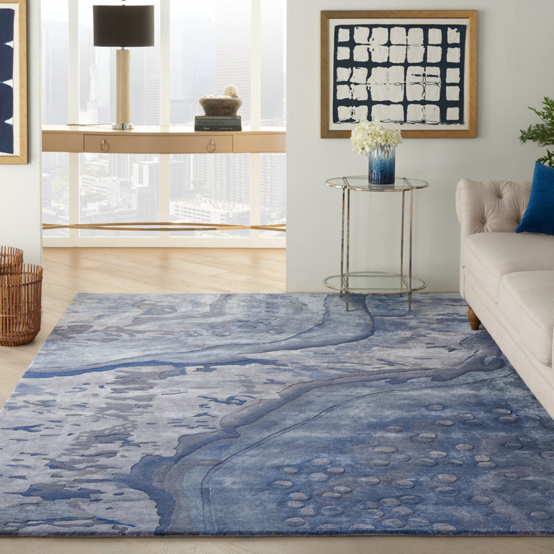 Tapis bleu abstrait moderne fait à la main Versailles, Rectangle 8 pi 6 po x 11 pi 6 po