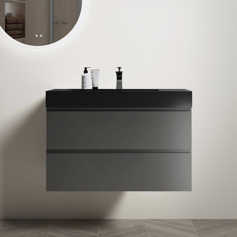 Meuble-lavabo de salle de bain avec lavabo, grand meuble-lavabo flottant mural, Gris, Noir