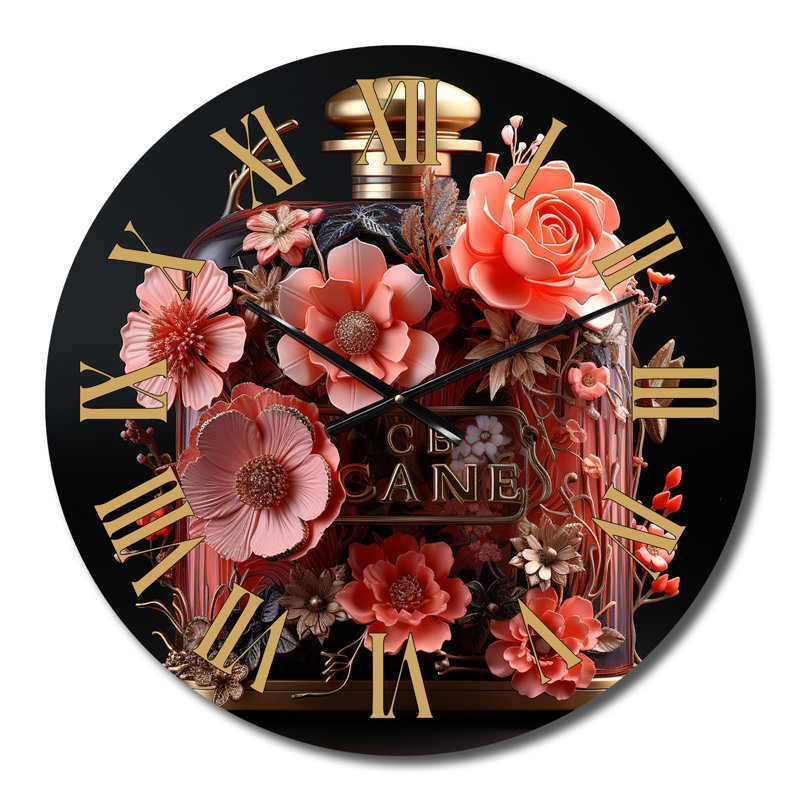 Horloge murale en forme de bouteille de parfum avec fleurs roses I, Petit