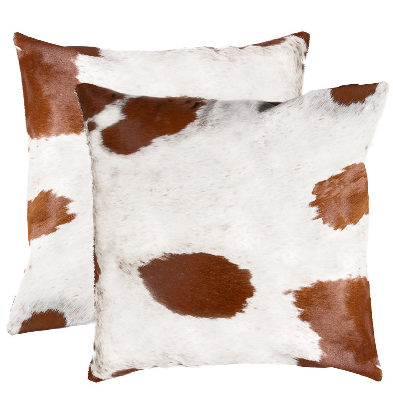  Coussin en cuir de vache 18 po x 18 po, Blanc / brun