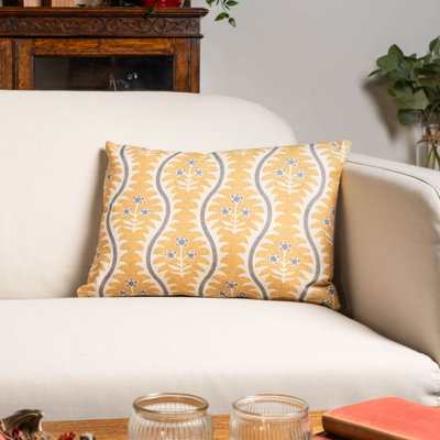Scalloped Floral Block Print Cushion in Ochre Yellow