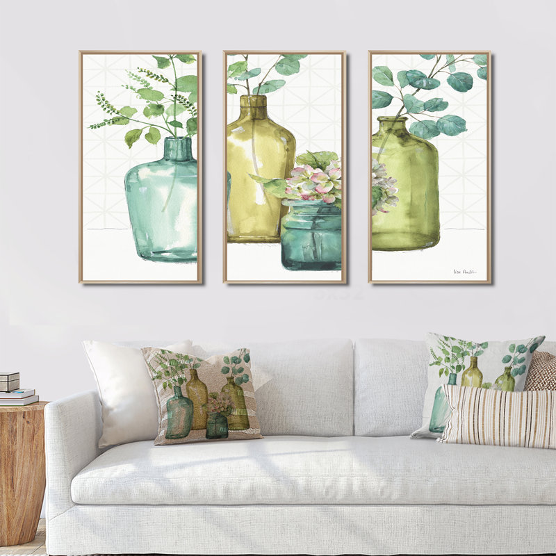 «Mixed Botanical Green Leaves» - Ensemble d'art mural sur toile encadré de campagne, 28" H x 36" W x 1" D, Cadre brun