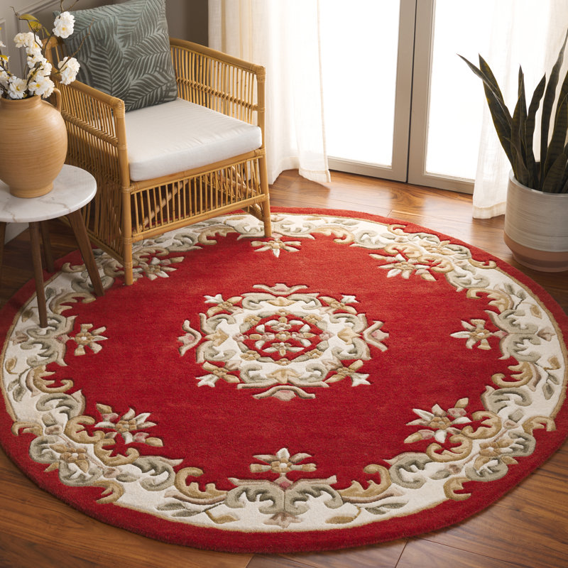 Stengel Aubusson Hand Tufted Wool/Cotton Floral Rug in Ivory/Rust, Round 6'