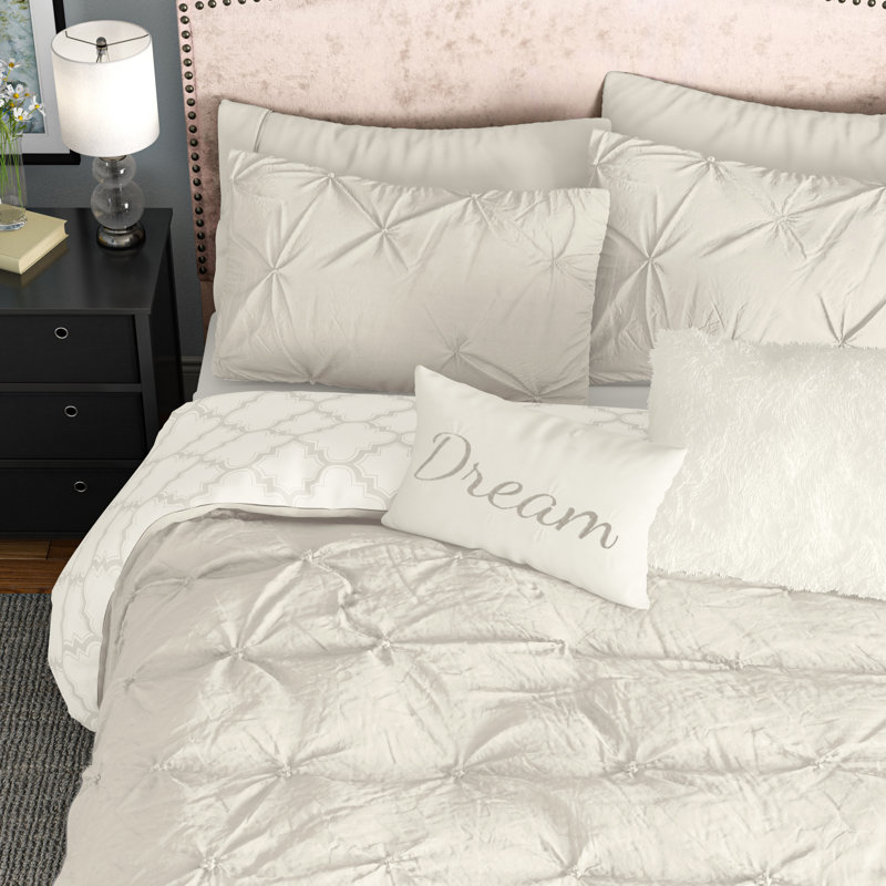 Ravello Pintuck Caroline Geo Microfiber Reversible Comforter Set, Full/Queen Comforter + 6 Additional Pieces, Light Gray