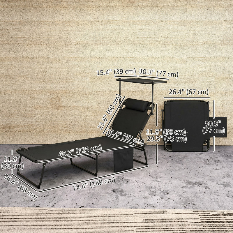 Chaise de bronzage pliante, chaise longue avec auvent, gris foncé