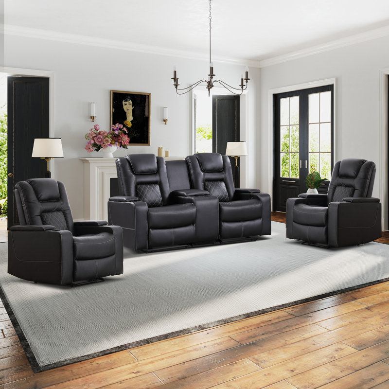 Ensemble de salon de cinéma inclinable électrique 3 pièces avec chargement USB et rangement et porte-gobelets Drennen
