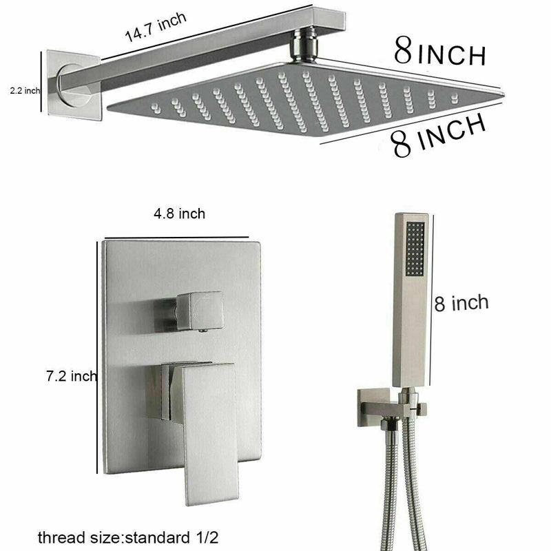 2 Function Shower Faucet System Set 8 in Rainfall Head with Mixer Valve Wall Mounted, Brushed Nickel