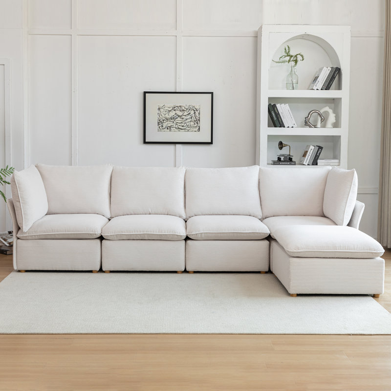 Canapé modulaire avec repose-pieds Hepworth Dejohn, Velours côtelé blanc, H 36 po x l 125 po x P 62,5 po