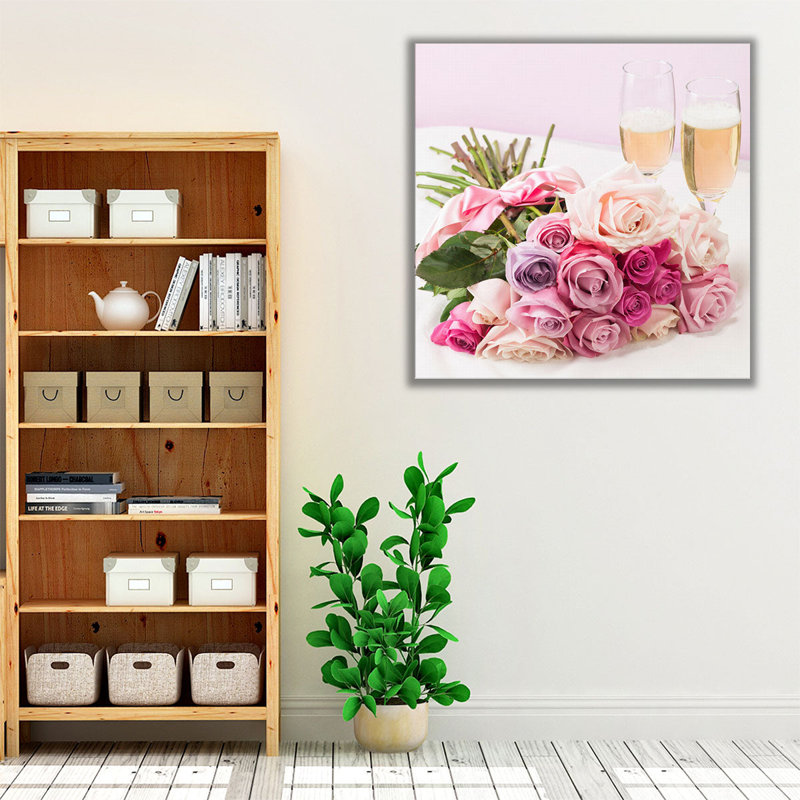 Bouquet de roses avec verres à champagne - reproduction d'art sur toile, H 12 po x l 12 po