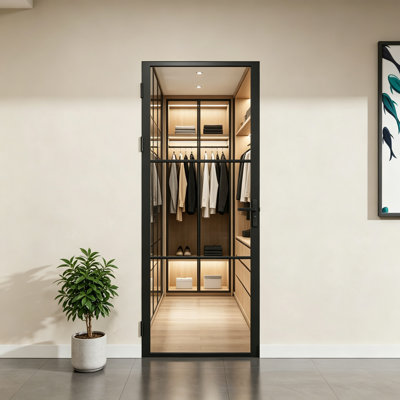 Porte intérieure à 3 panneaux en verre clair 30 po x 80 po, cadre en aluminium noir mat, porte française pour placard ou garde-manger