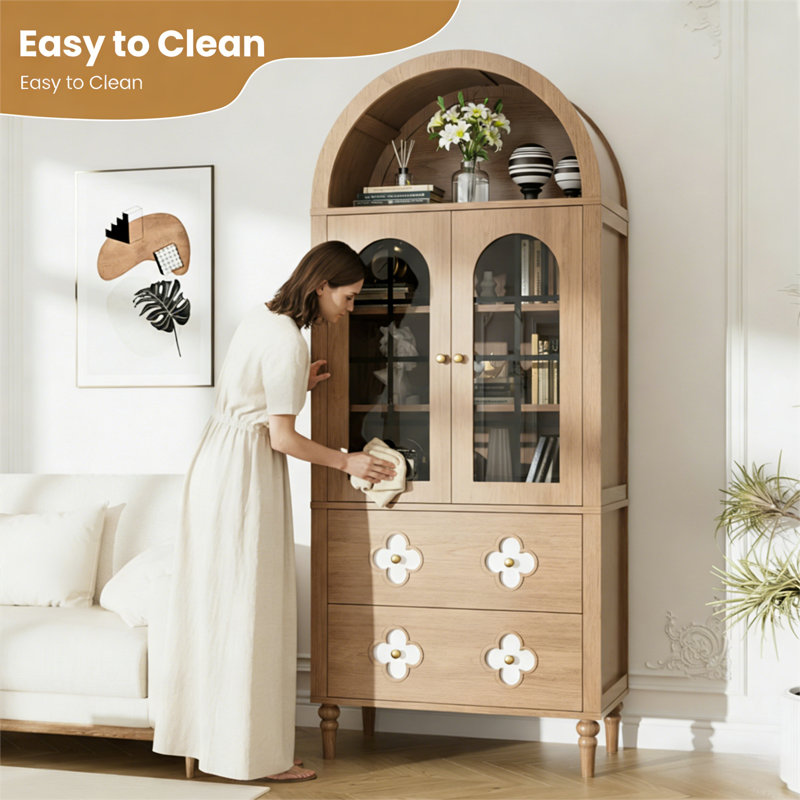 Arched Solid Wood Storage Cabinet, Natural Finish, Natural Wood