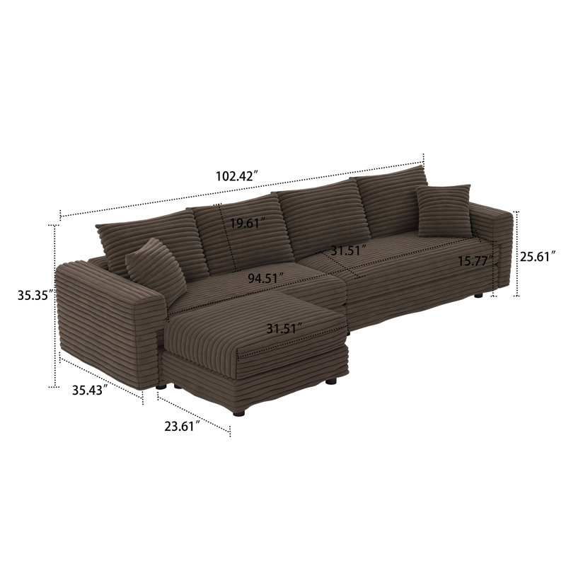 Modern Corduroy Fabric Upholstered 4-Seater Sectional Sofa with an Ottoman, 35.35" H x 102.42" W x 66.94" D, Camel