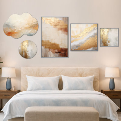 «Minimal Gold & Beige Abstract River II», ensemble d'art mural paysage, métal et toile encadrée de 5 (100 po x 40 po)