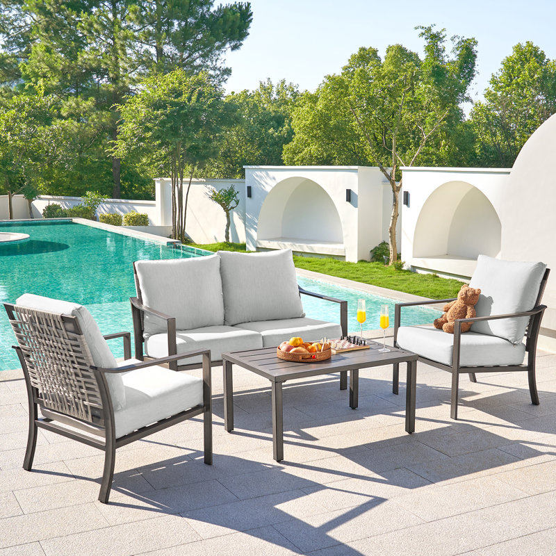 Lindel  4 Person Outdoor Conversation Sets with Hand-Woven Rope Chairs and High Back Loveseat, Gray