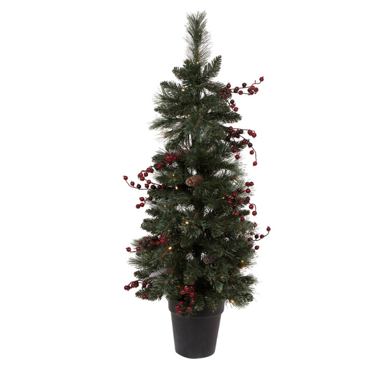 Vickerman Artificial 4 Piece Decorated Front Door Set with 200 Battery Operated Warm White 3MM LED lights. Includes two 3.5' Potted Trees, one 30" Wreath and one 9' Garland.