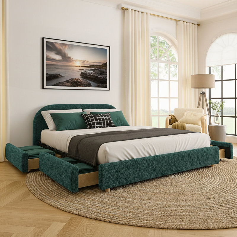 Très grande base de lit tapissier avec tête de lit courbée et rangement sur roulettes, Très grand lit, Gris foncé
