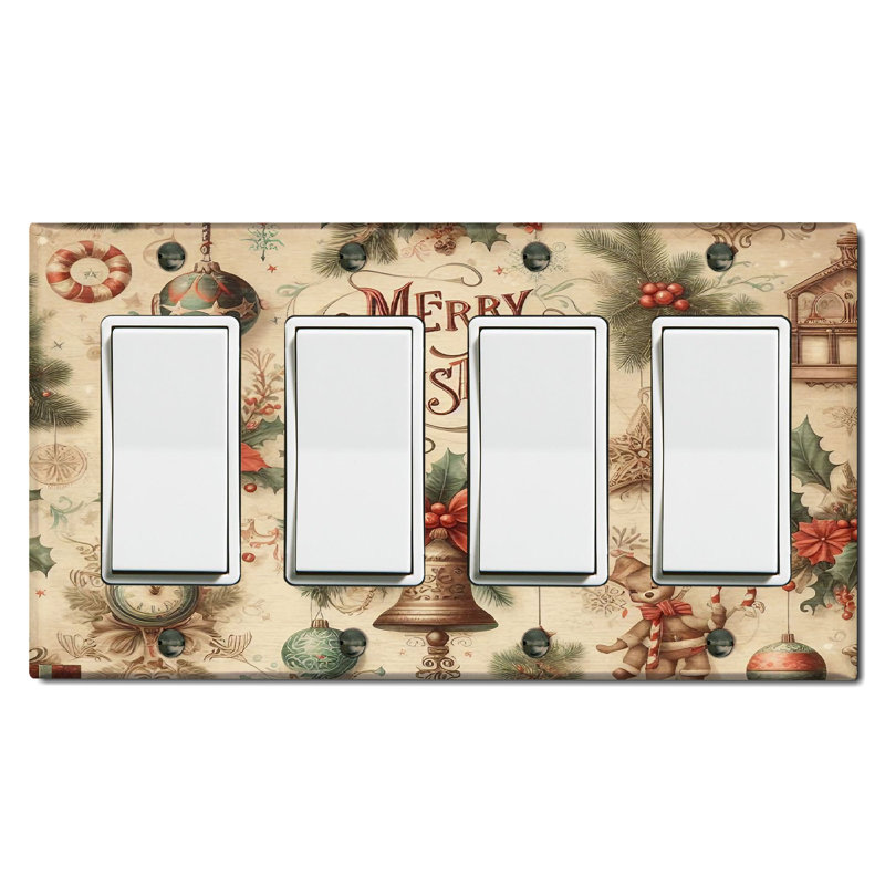 Metal Light Switch Plate Outlet Cover (Merry Christmas Festive Ornaments - Quadruple Rocker)