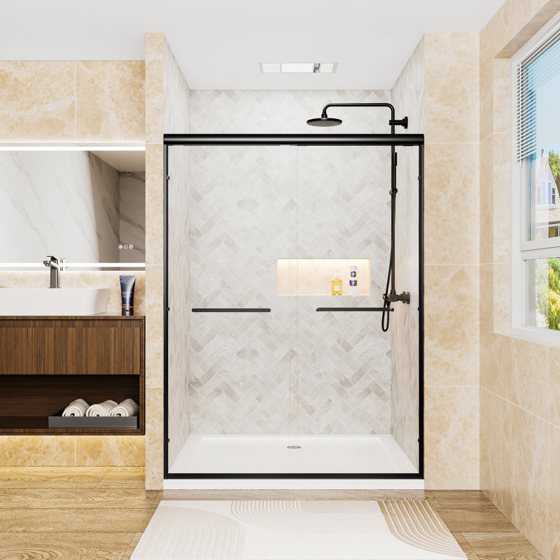 Aluminum Frame Double Sliding Shower Door, Tempered Glass Shower Door With Explosion-Proof Film And Stainless Steel Handles