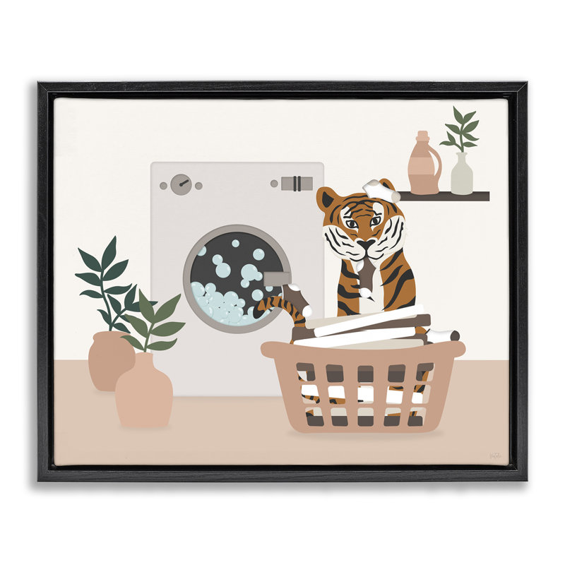 Tigre dans un panier à linge, Cadre flottant noir de jais, H 17 po x l 21 po