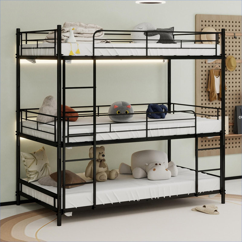Structure de lit superposé triple robuste en fer noir élégant avec échelle intégrée et garde-corps pleine longueur, idéal pour les chambres à coucher et les dortoirs