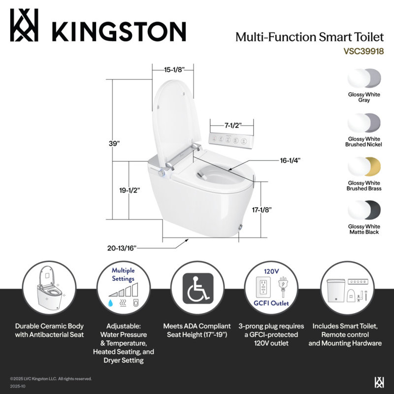 Toilette intelligente Kingston Brass Upton, Blanc / noir mat
